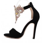Black Suede Gold Ankle Rhinestiones Diamote Gladiator Wedding High Stiletto Heels Pumps Sandals Shoes