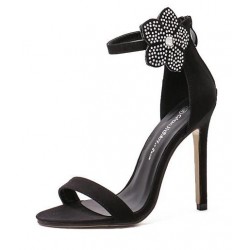 Black Suede Ankle Rhinestones Diamonte Flower High Stiletto Heels Pump Sandals Shoes