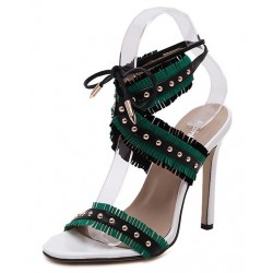 Green Blue White Studs Cross Straps Fringes Bohemian High Stiletto Heels Sandals Shoes