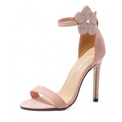 Pink Suede Ankle Rhinestones Diamonte Flower High Stiletto Heels Pump Sandals Shoes