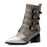 Grey Pointed Head High Top Buckles Punk Rock Gothic High Heels Boots Shoes