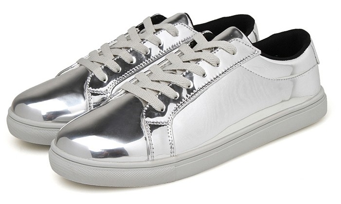 Silver Metallic Shiny Leather Lace Up Shoes Womens Sneakers