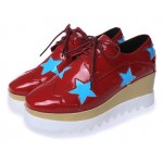 Red Patent Leather Stars Lace Up Platforms Wedges Oxfords Shoes