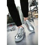 Silver Metallic Shiny Leather Lace Up Shoes Womens Sneakers
