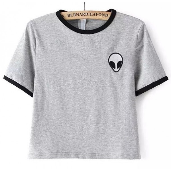Grey Alien Embroidery Cropped Short Sleeves T Shirt Top