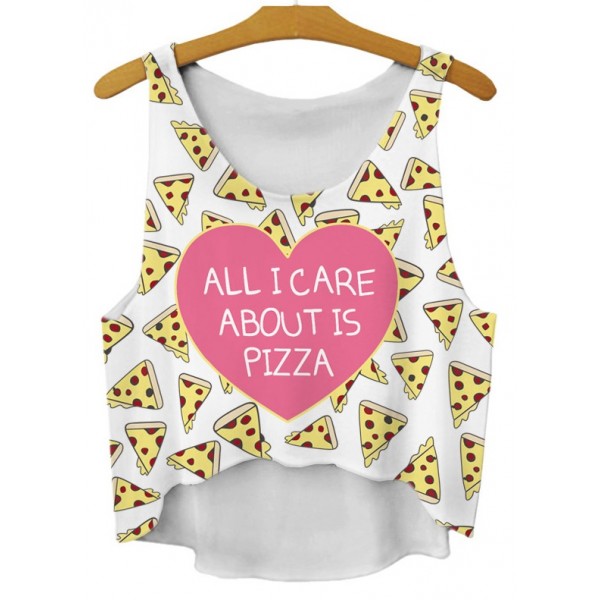 White Heart All I Care About is Pizza Cropped Sleeveless T Shirt Cami Tank Top 