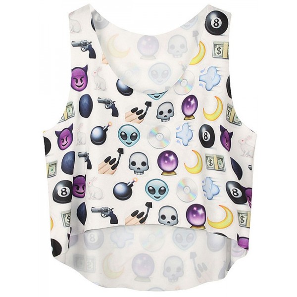 White Skulls Emoji Cropped Sleeveless T Shirt Cami Tank Top 