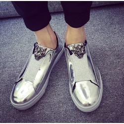Silver Metallic Mirror Shiny Emblem Mens Sneakers Loafers Shoes