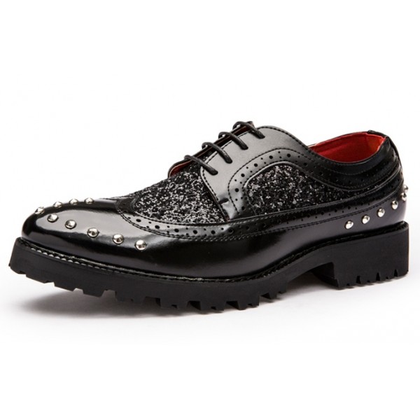 Black Leather Glitter Metal Studs Lace Up Mens Oxfords Dress Shoes