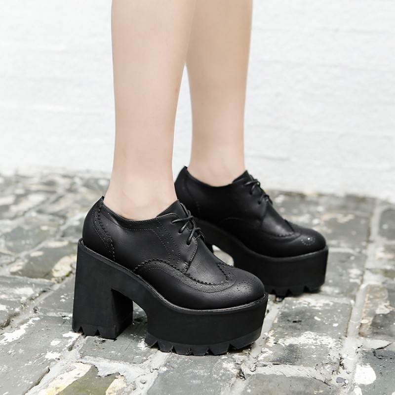 Black Lace Up Chunky Block High Heels Platforms Ankle Oxfords Shoes