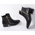 Black Pointed Head Leather Gold Zipper Chelsea Ankle Boots Flats Shoes
