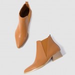 Brown Pointed Head Leather V Chelsea Ankle Boots Flats Shoes