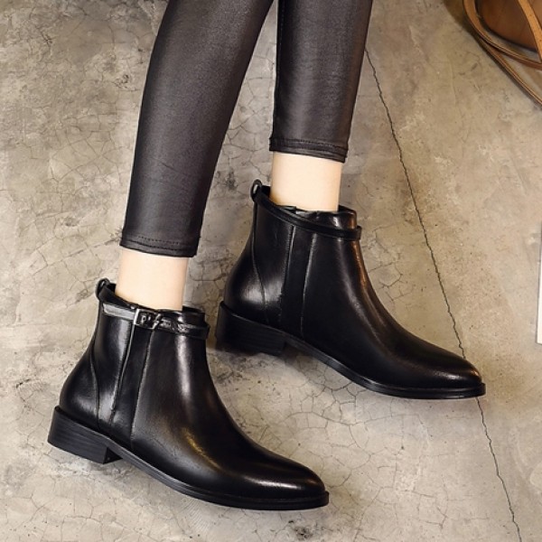 Black Leather Strap Cuff Chelsea Ankle Boots Flats Shoes