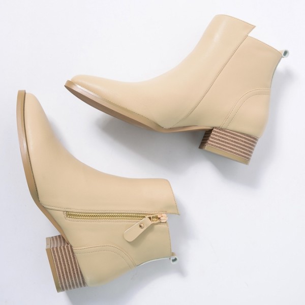 Cream Pointed Head Leather Gold Zipper Chelsea Ankle Boots Flats Shoes