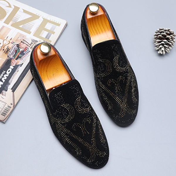 Black Suede Diamantes Bling Bling Punk Rock Mens Loafers Flats Dress Shoes