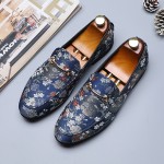Blue Oriental Flowers Horsebit Flats Loafers Dappermen Dress Shoes