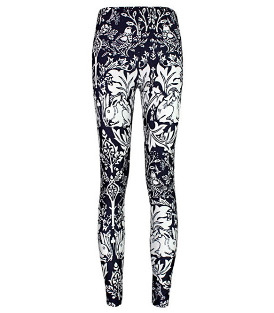 Black White Vintage Rabbits Birds Print Yoga Fitness Leggings Tights Pants