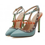 Blue Rivets Pointed Toe High Stiletto Heels Strappy Shoes 