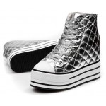 Silver Patent Quilted Lace Up High Top Platforms Hidden Wedges Sneakers Shoes