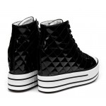 Black Patent Quilted Lace Up High Top Platforms Hidden Wedges Sneakers Shoes
