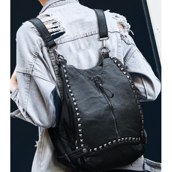 Black Square Studs Soft Lambskin Vintage School Punk Rock Hobo Bag Backpack
