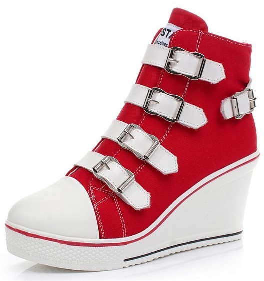 Red Canvas Buckles Straps Platforms Wedges Sneakers Shoes