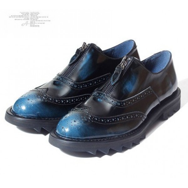 Blue Vintage Zipper Platforms Mens Cleated Sole Oxfords Loafers Dress Shoes
