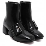 Black Patent Giant Buckle Blunt Head High Heels Boots Shoes