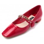 Red Patent Blunt Head Metal Chain Ballets Ballerina Flats Shoes