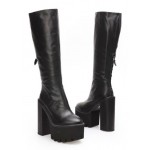 Black Platforms Chunky Cleated Combat Rider High Heels Long Boots Shoes