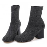 Black Silver Glitter Blunt Head Stretchy Pull On High Heels Boots Shoes