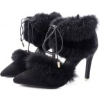 Black Suede Rabbit Fur Pom Pointed Head High Heels Stiletto Shoes