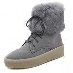 Grey Rabbit Fur Lace Up High Top Sneakers Shoes