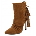 Brown Suede Tassels Fringes High Stiletto Heels Boots Shoes
