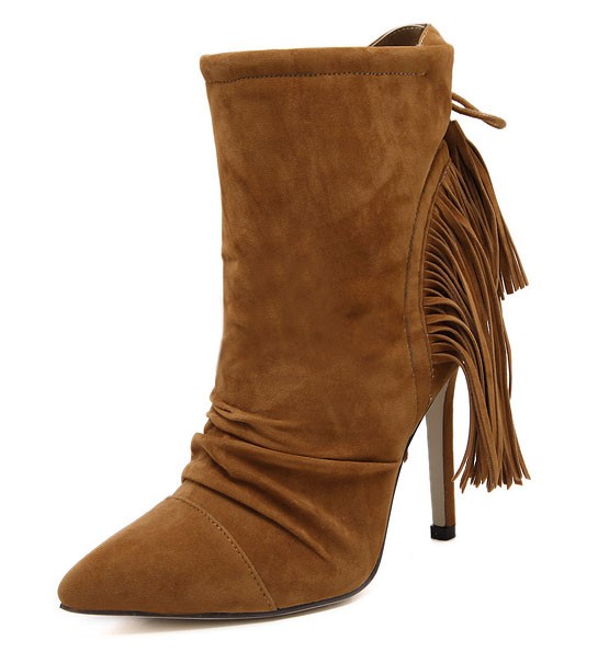 Brown Suede Tassels Fringes High Stiletto Heels Boots Shoes