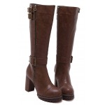 Brown Vintage Combat Rider Long High Heels Boots Shoes
