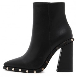 Black Gold Round Studs Pointed Head High Heels Ankle Boots Shoes