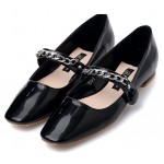 Black Patent Blunt Head Metal Chain Mary Jane Ballets Ballerina Flats Shoes