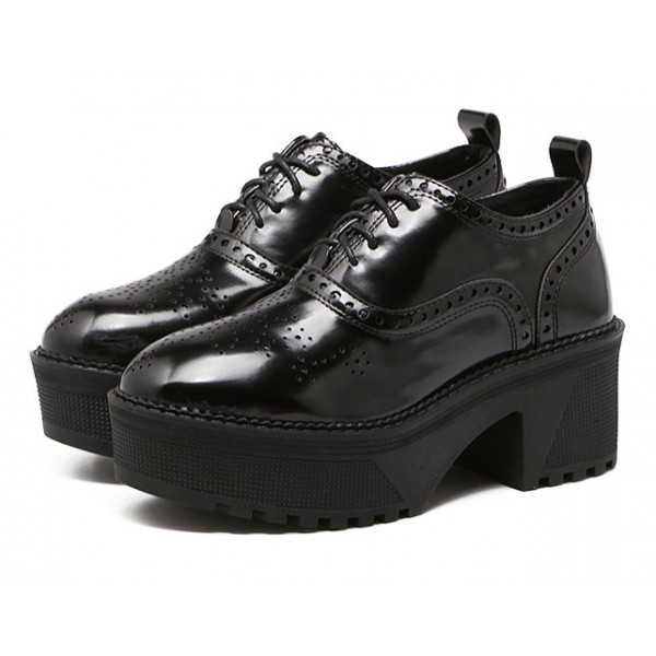 Black Patent Lace Up Plafroms Oxfrods Old School Shoes
