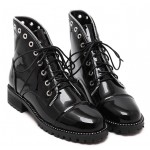 Black Patent Zipper Studs Lace Up Combat Military Punk Rock Boots Shoes
