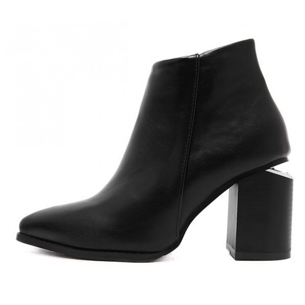 Black Pointed Head High Heels Cuban Metal Plate Ankle Boots Shoes