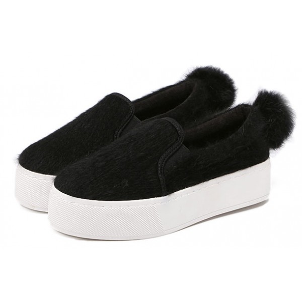 Black Rabbit Fur Pom Sneakers Loafers Flats Shoes