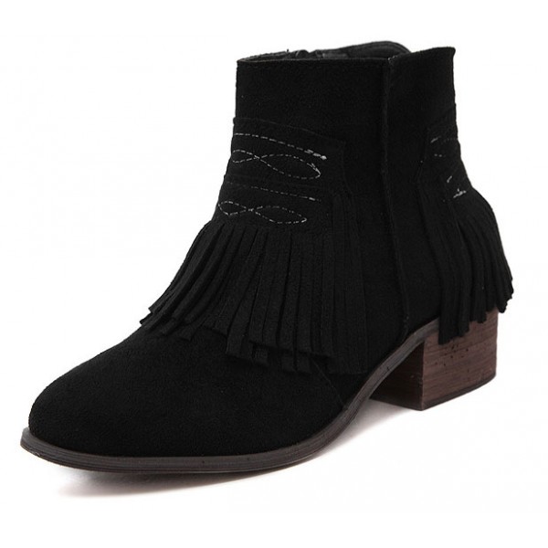 Black Suede Tassels Fringes Ankle Chelsea Boots Shoes