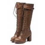 Brown Vintage Lace Up Combat Rider Long High Heels Boots Shoes