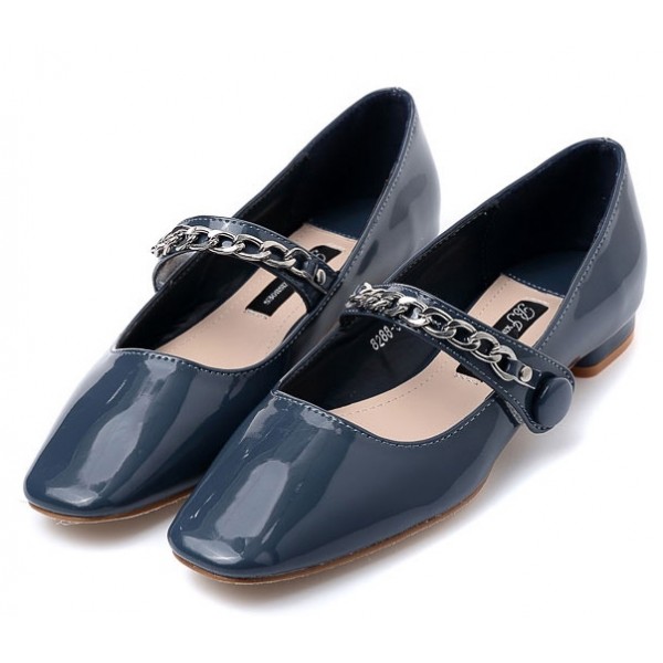 Grey Patent Blunt Head Metal Chain Mary Jane Ballets Ballerina Flats Shoes