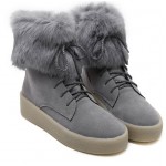 Grey Rabbit Fur Lace Up High Top Sneakers Shoes