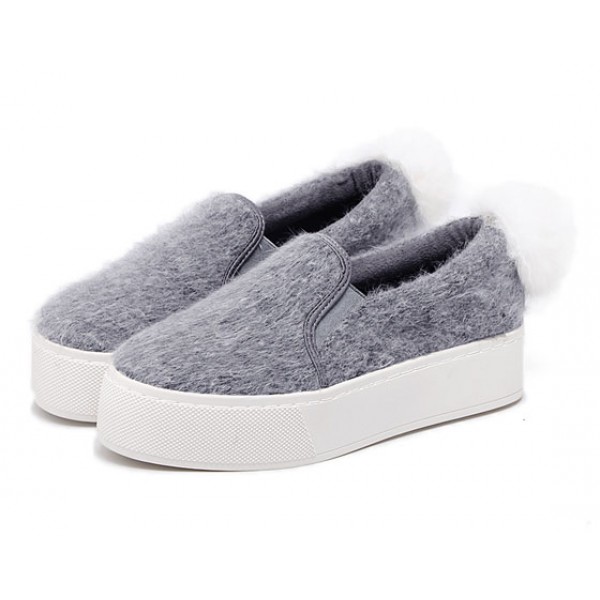Grey Rabbit Fur Pom Sneakers Loafers Flats Shoes