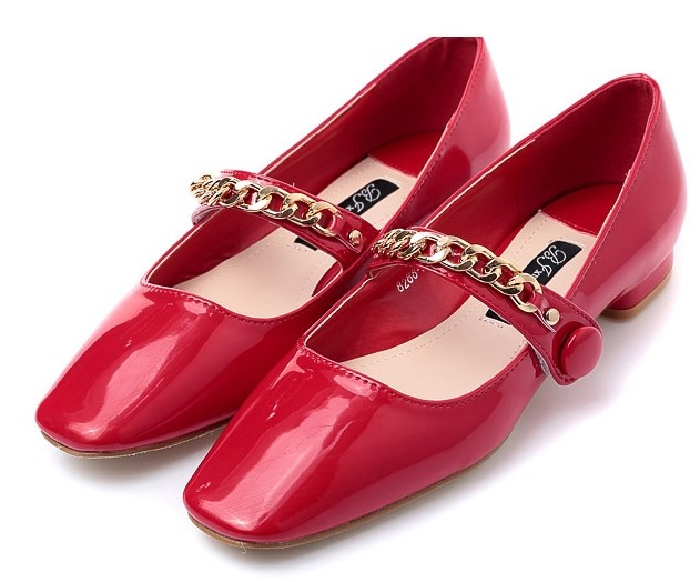 Red Patent Blunt Head Metal Chain Ballets Ballerina Flats Shoes