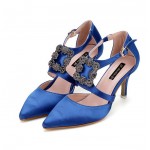 Blue White Blue Satin Rhinestione Buckle Point Head Evening Gown High Heels Shoes