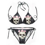 Black Skull in Roses Punk Rock Two Piece Sexy BIkini Swimwear